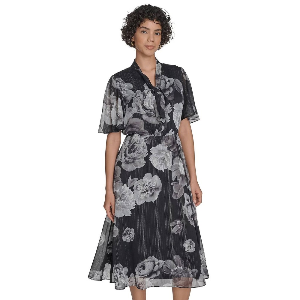 Calvin Klein Dress Women Black Floral Metallic Flutter Sleeve 16 NWT